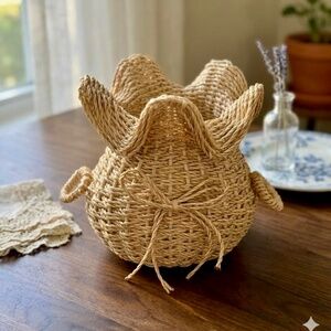 Woven Raffia Ginger Jar | Scalloped Rim, Bow Accent, Italian Style Basket